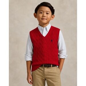 Polo Ralph Lauren Boys Red Cable Knit Cotton Sweater Vest Size 7 V-Neck Pony